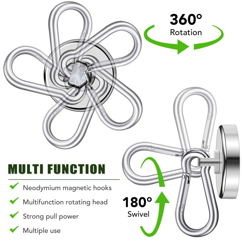 E BAVITE Magnetic Hooks,110LBS Strong Heavy Duty Neodymium Magnet Hooks with Swivel Carabiner Hook,Great for Your Kitchen,Refrigerator and Other Magnetic Surfaces(4 Pack), Silvery - Image 3